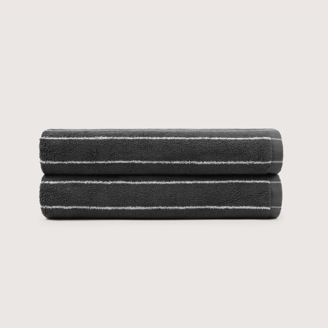Pack of 2 Truenova Ultrasoft cotton bath towels in Charcoal & White stripe