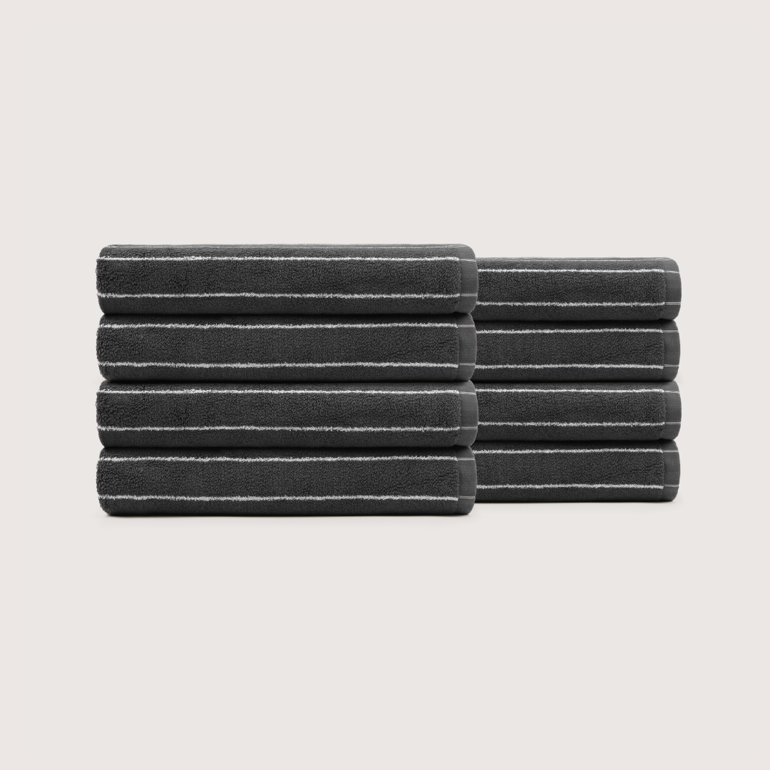 Pack of 8 Truenova Ultrasoft cotton bath towels in Charcoal & White stripe