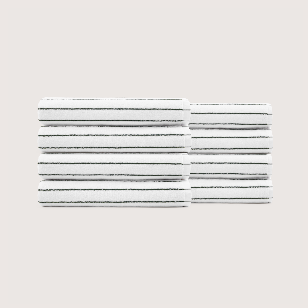 Pack of 8 Truenova Ultrasoft cotton bath towels in Cloud White & Olive Green stripe