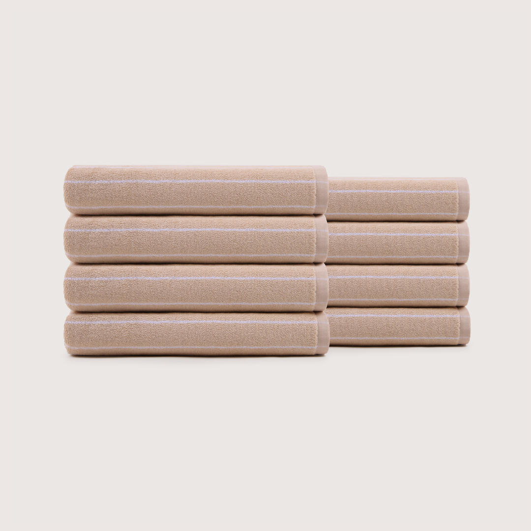 Pack of 8 Truenova Ultrasoft cotton bath towels in Sand & White stripe