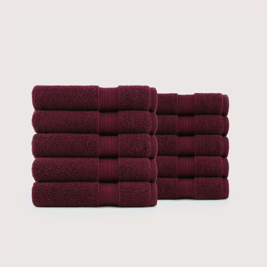 Pack of 8 Truenova Ultrasoft cotton hand towels in Burgundy