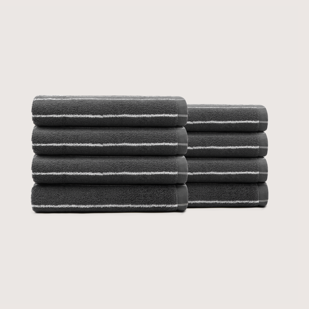 Pack of 8 Truenova Ultrasoft cotton hand towels in Charcoal & White stripe