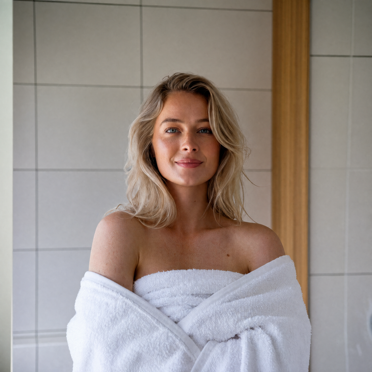 Woman wrapped in a soft white Truenova towel