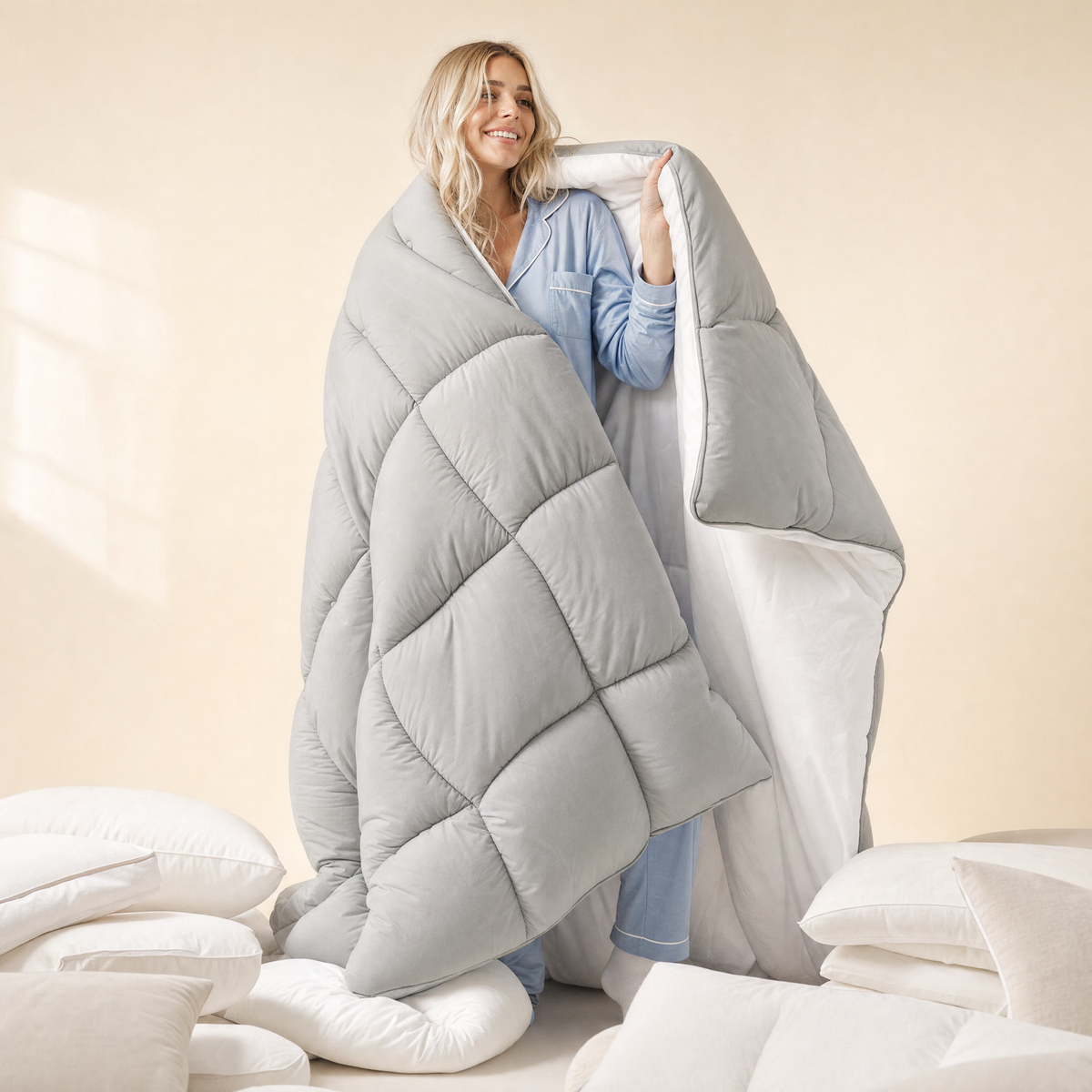 Woman wrapped in the Gray Halo comforter