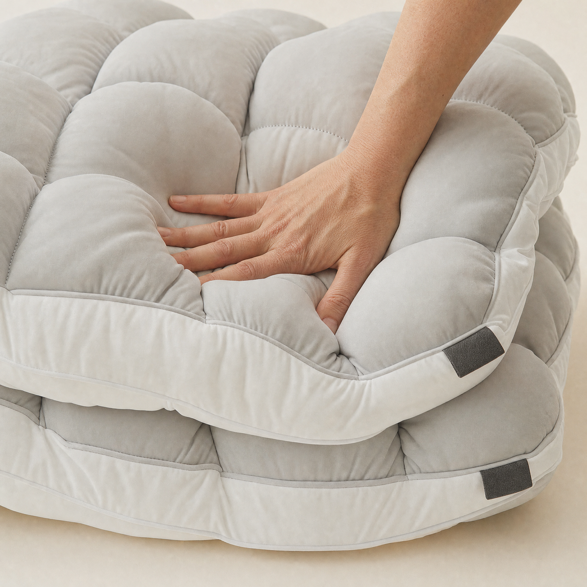 Hand pressing into the soft puffs of a Gray Lune pillow