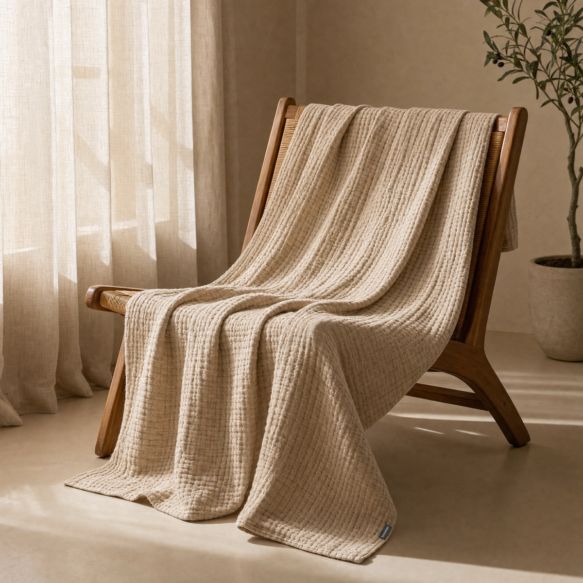 Couverture en mousseline Breeze drapée sur un fauteuil.