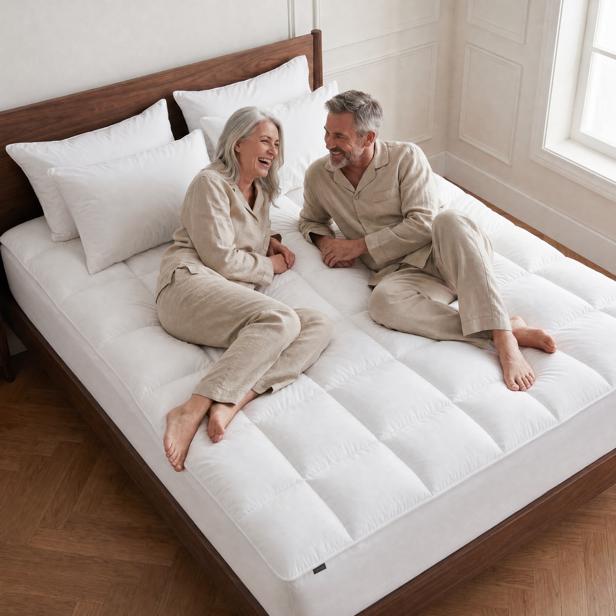Couple relaxing on a bed with the Nimbus topper