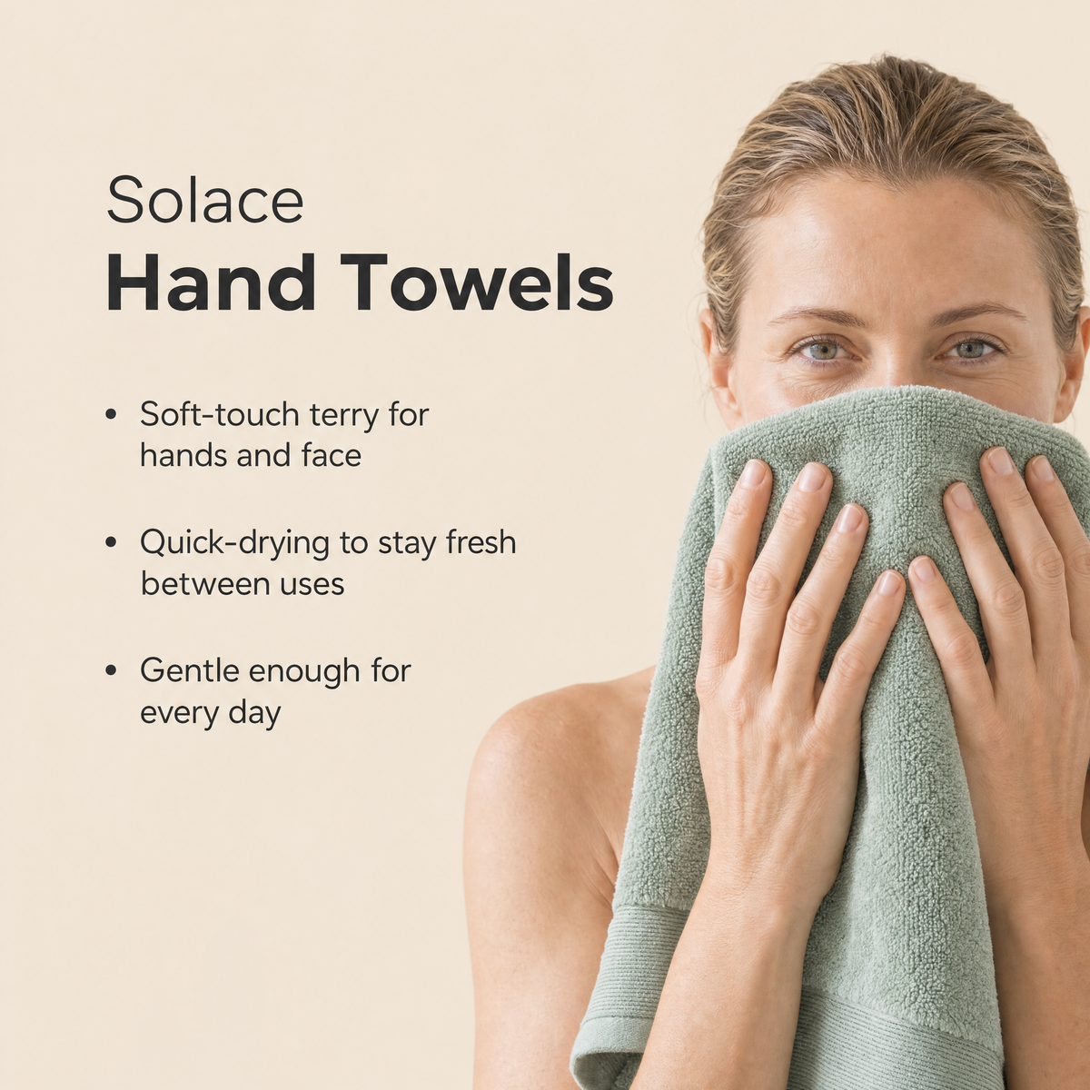 Woman drying her face with a Solace hand towel, hand towel features