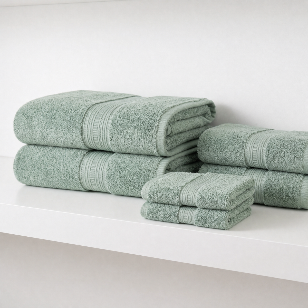 Solace towels folded on a white bathroom shelf