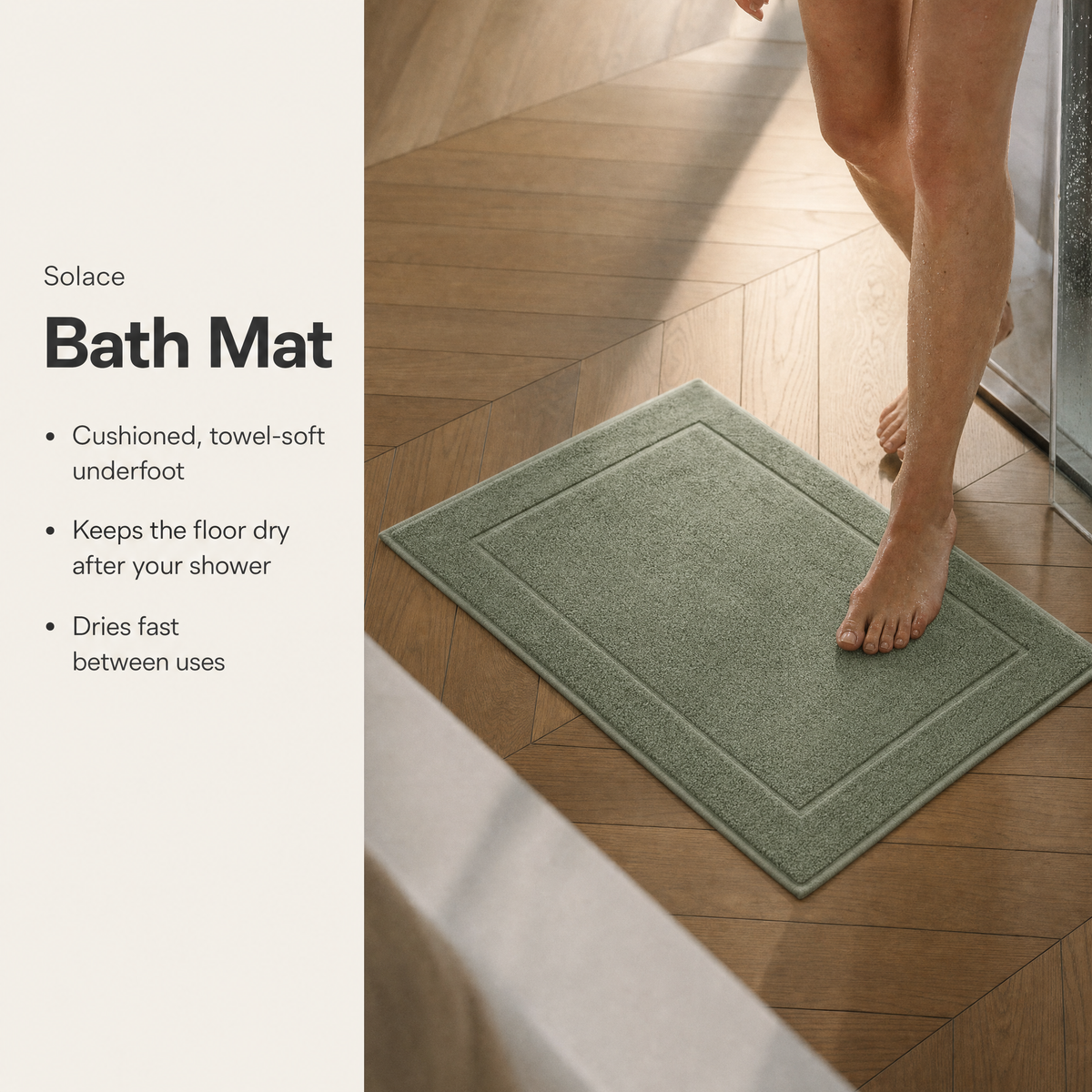Stepping out of the shower onto the Solace bath mat, key benefits