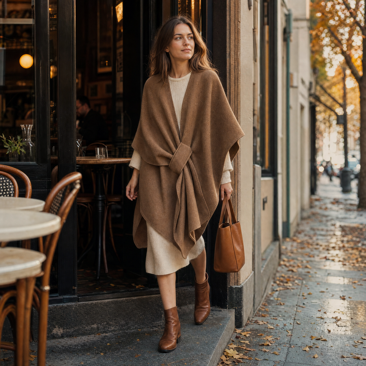 Femme portant le châle Aura dans une rue d'automne