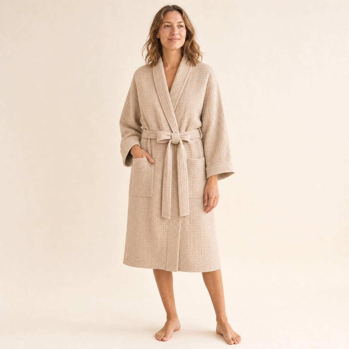 Woman wearing the Truenova Breeze muslin robe in Khaki