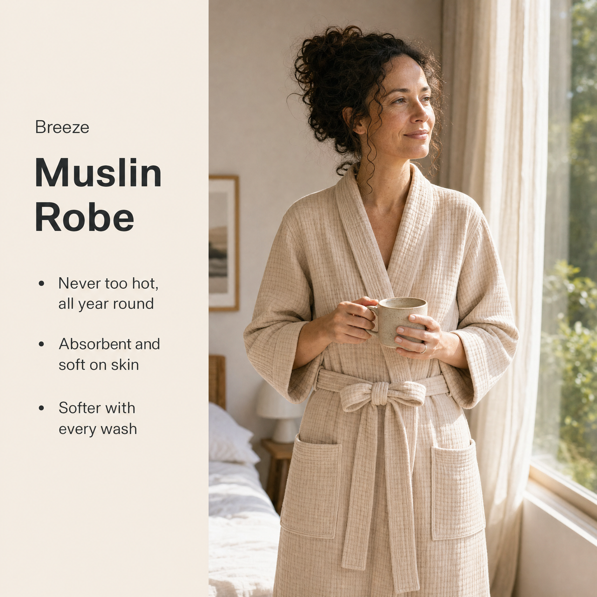 Woman by a window in the Breeze robe, key benefits