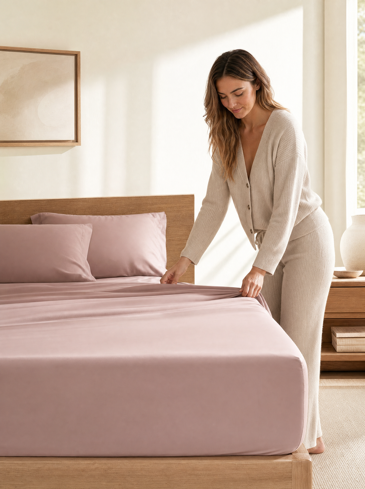 Woman making the bed with Rest sheets