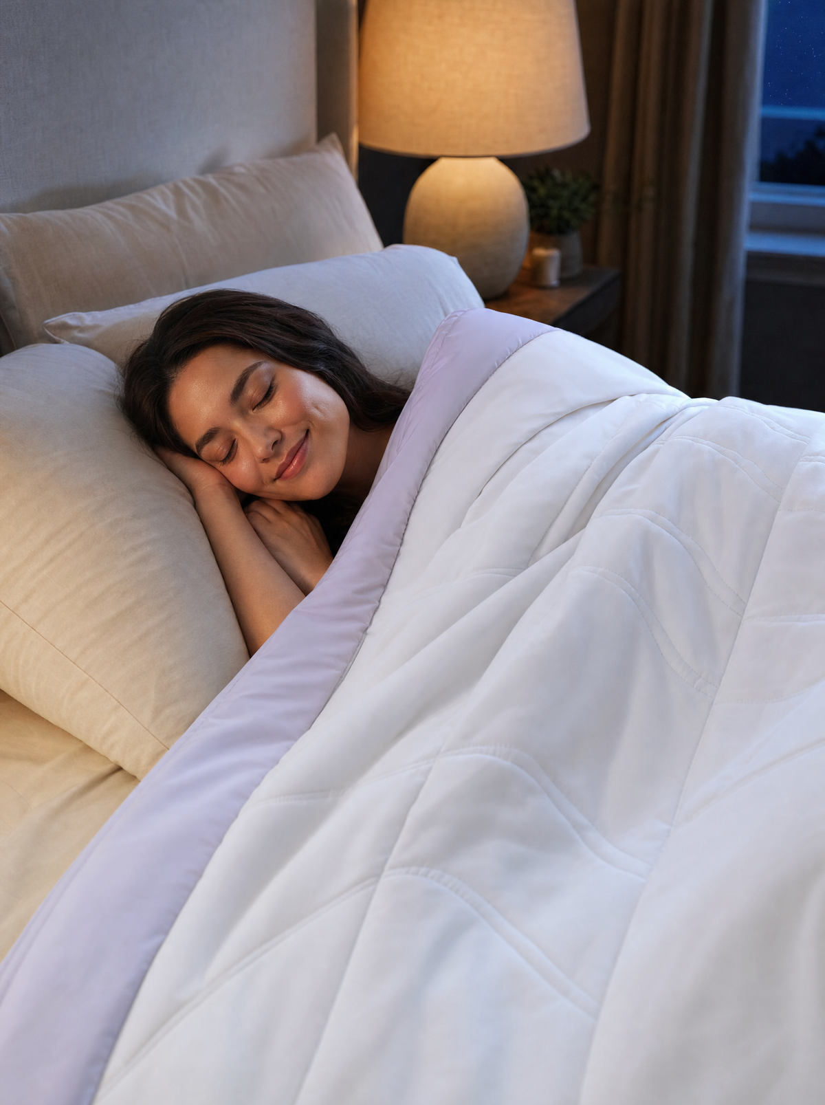 Woman sleeping cool under the Frost comforter