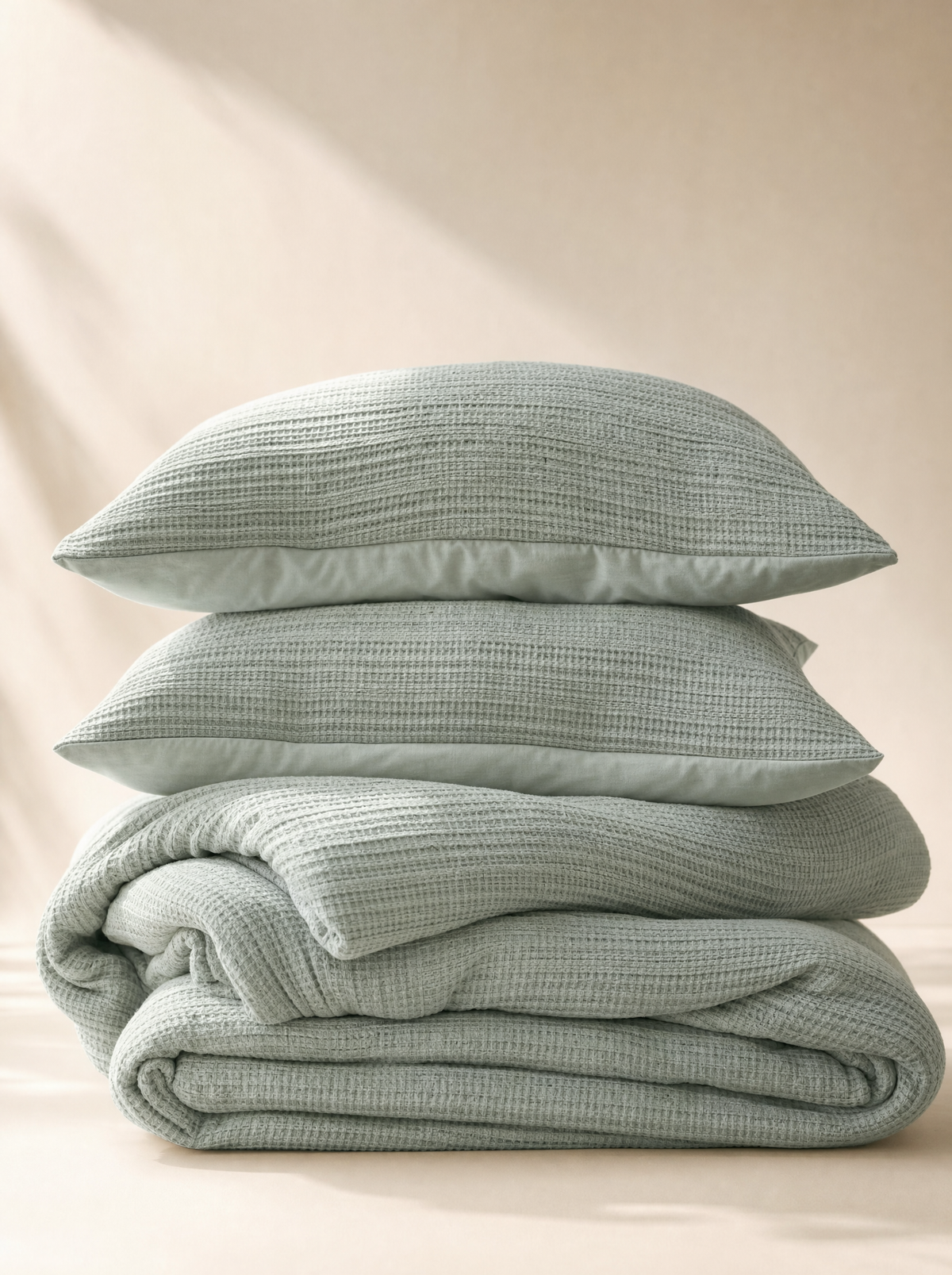 Ripple Waffle Textured Comforter Set folded with shams