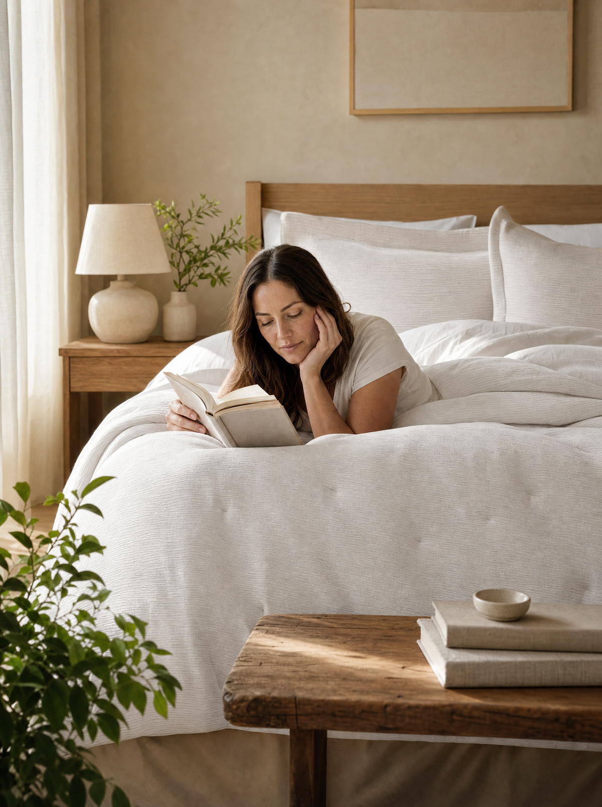 Woman reading on a bed with the Drift comforter set