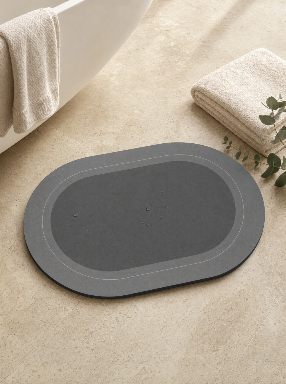 Pebble Quick-Dry Stone Bath Mat on travertine