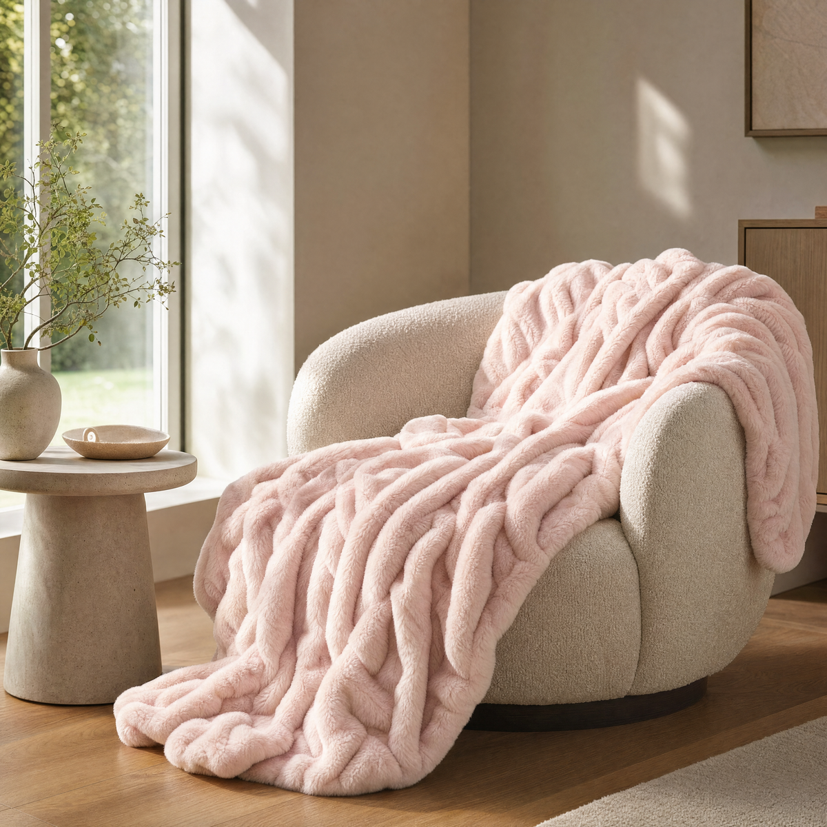 Embrace plush hug blanket draped over a cream armchair