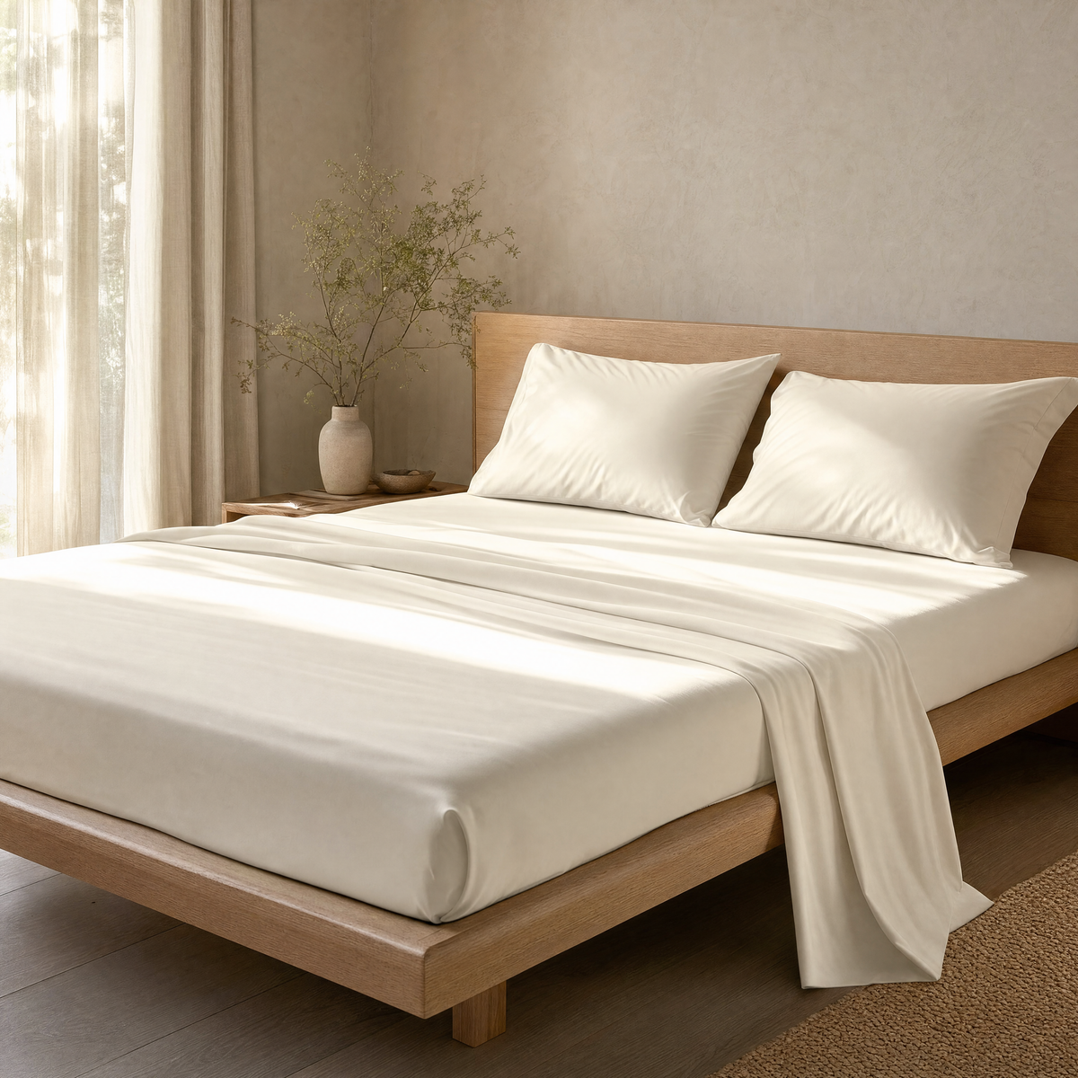 Bed dressed in Willow bamboo sheets in a calm bedroom