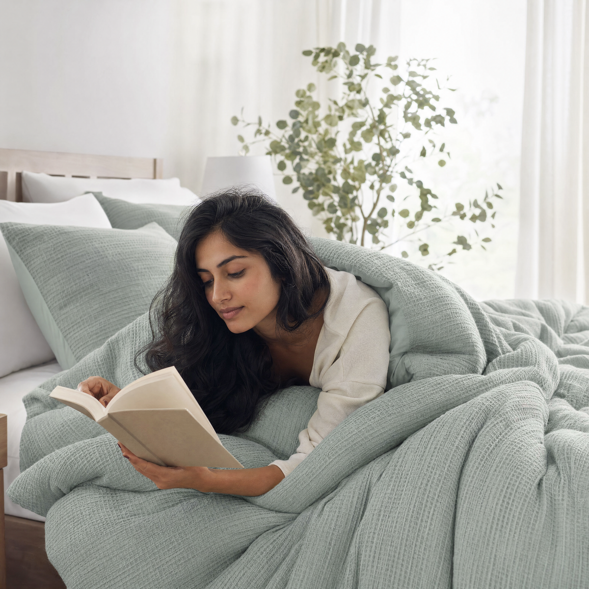 Woman reading in bed under the Ripple comforter