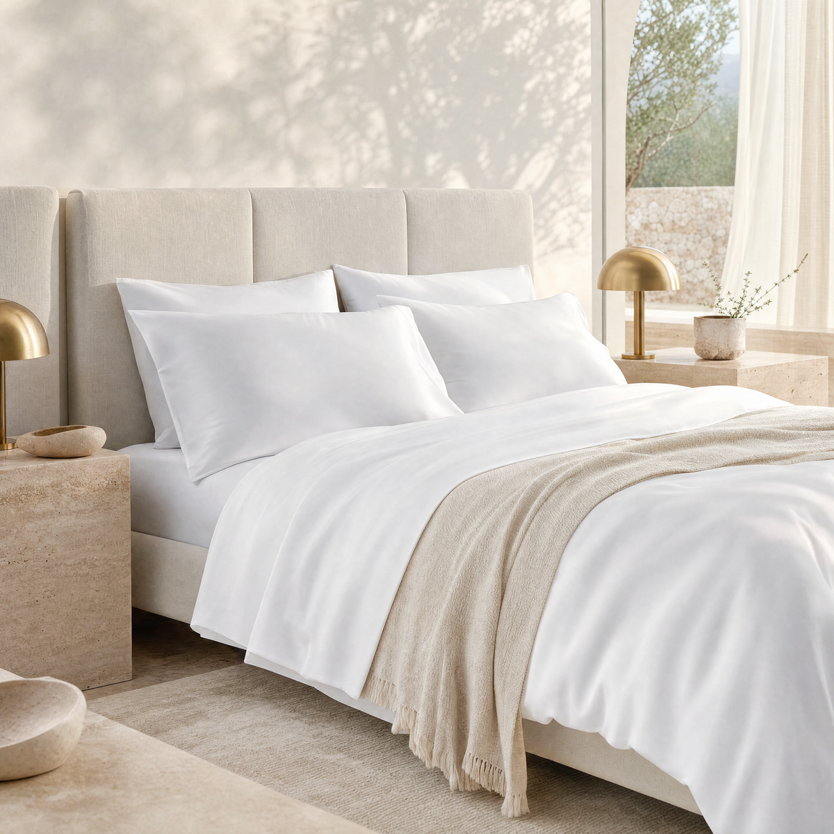 Hotel-style bed dressed in Satine sateen sheets