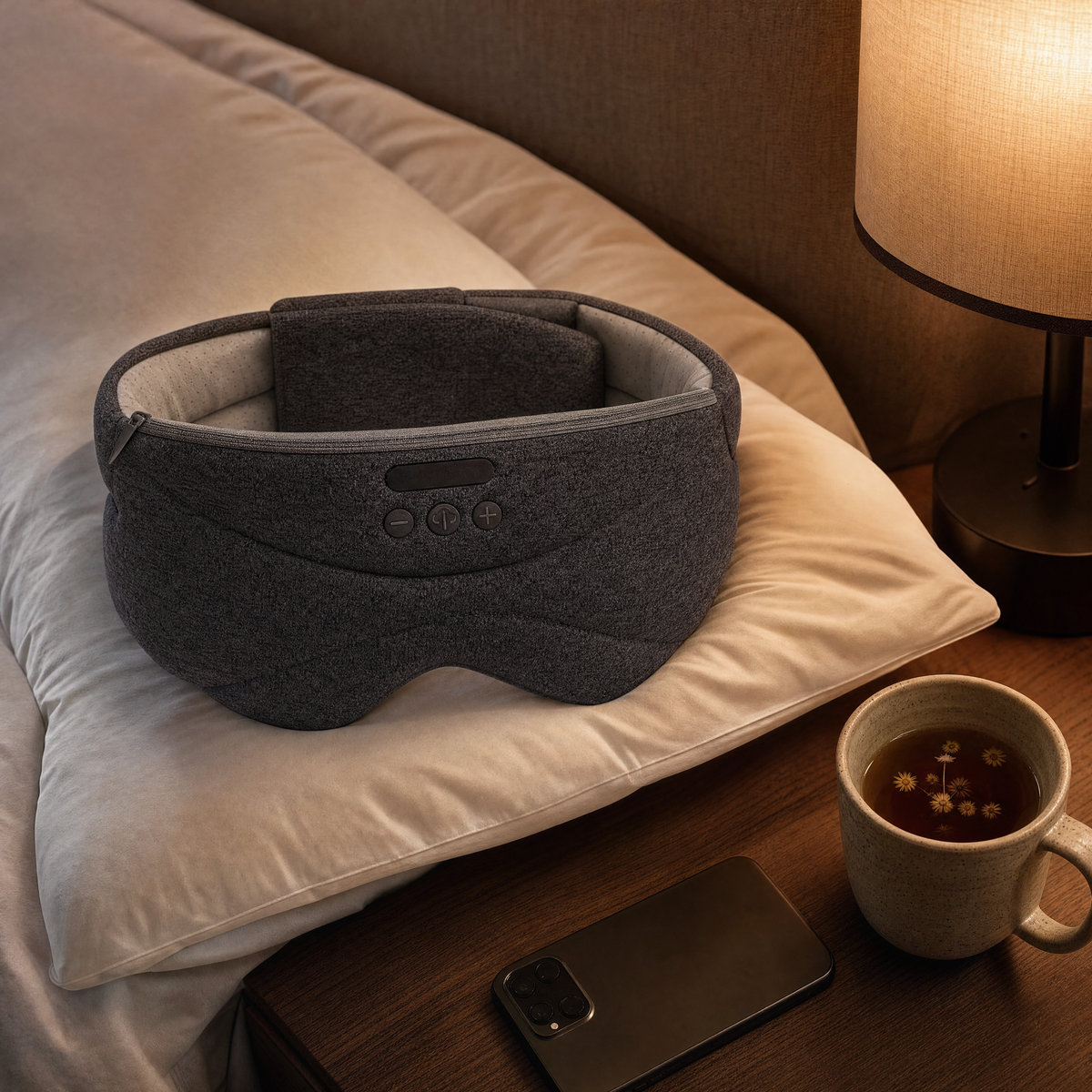 Sleep mask headphones on a pillow at bedtime