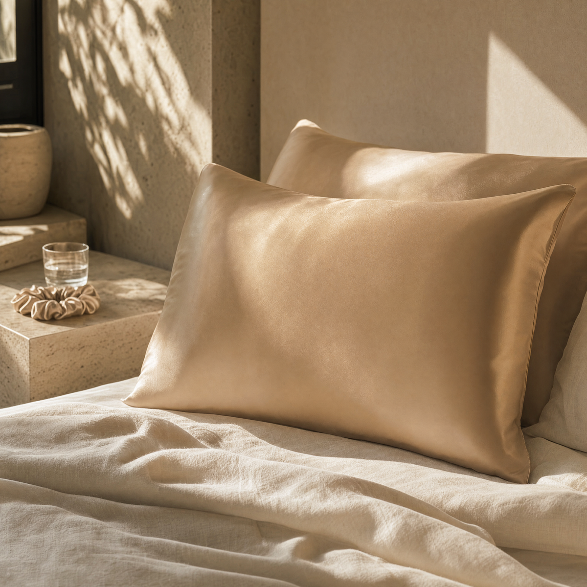 Caramel silk pillowcases on a cream linen bed