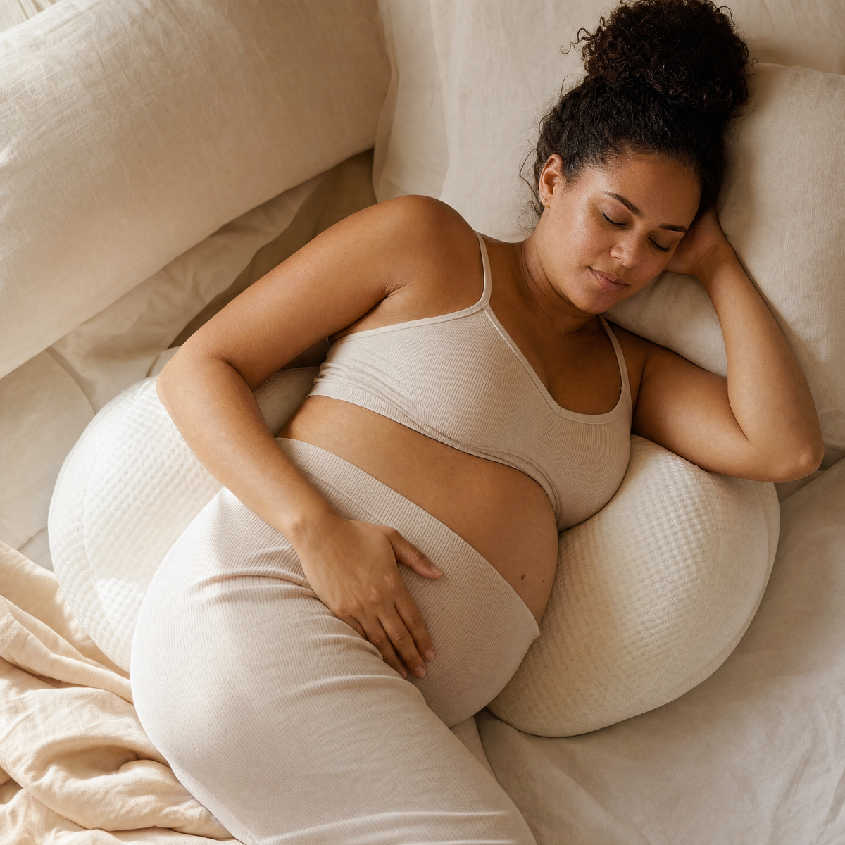 Pregnant woman resting on her side with the maternity pillow