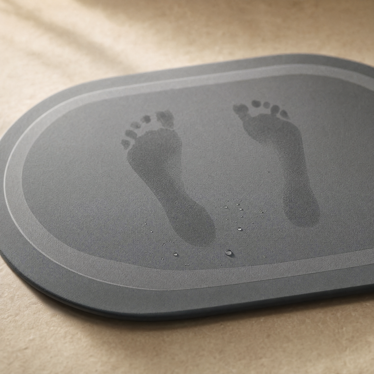 Wet footprints drying on the Pebble stone bath mat
