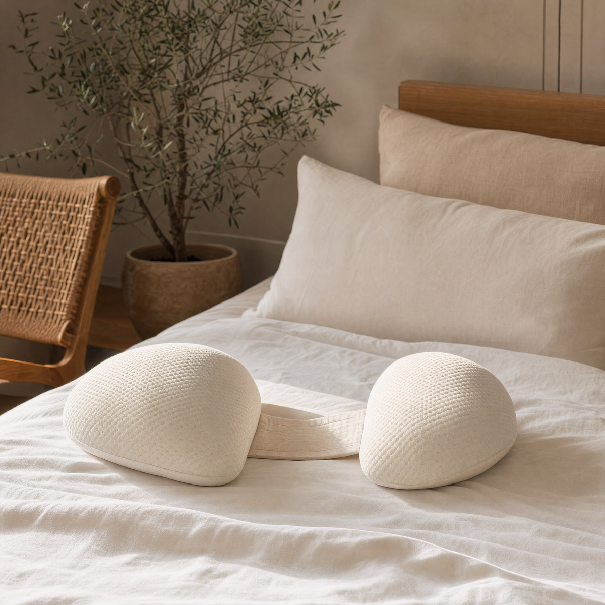 Maternity pillow on a white linen bed