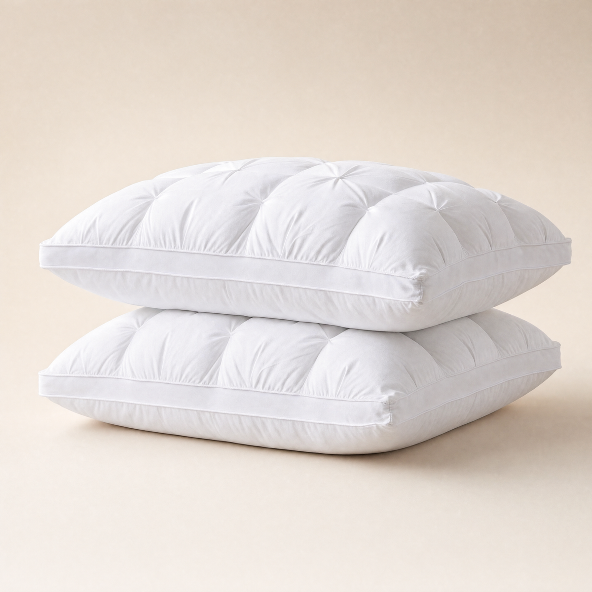 Two white hotel collection pillows stacked