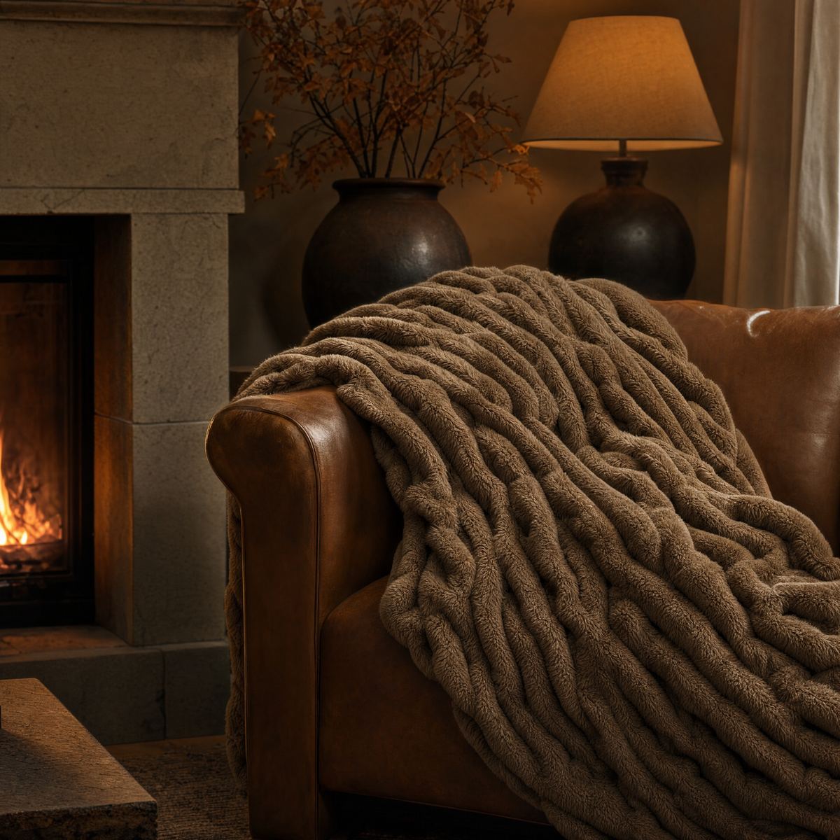 Billow blanket draped on a leather sofa by the fire