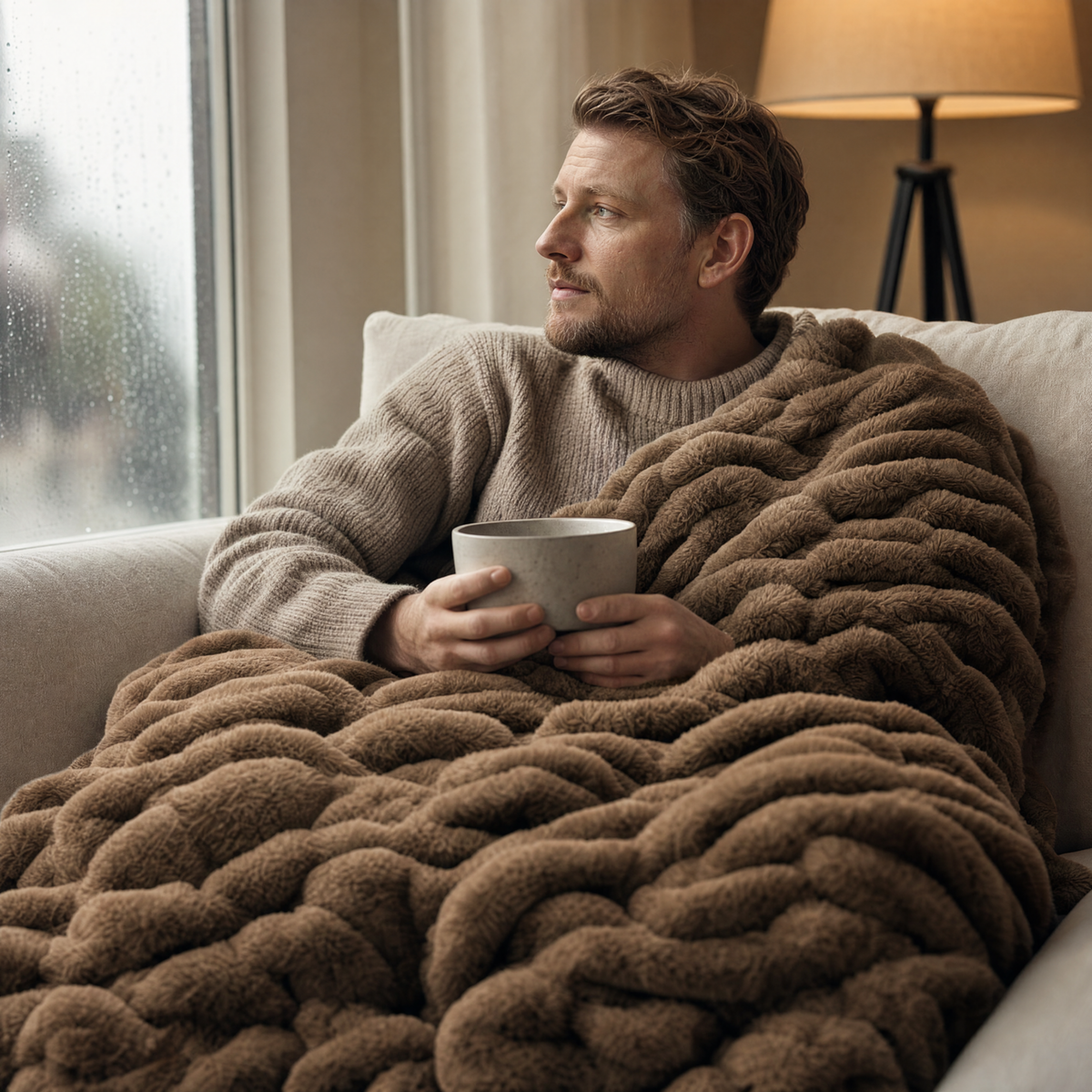 Man curled up under the Billow blanket on a rainy day