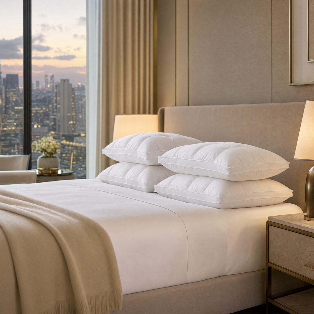Hotel collection pillows on a king bed in a hotel suite
