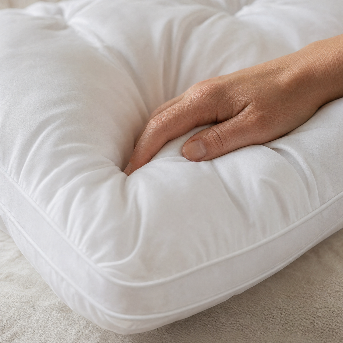 Hand pressing into the plump hotel collection pillow
