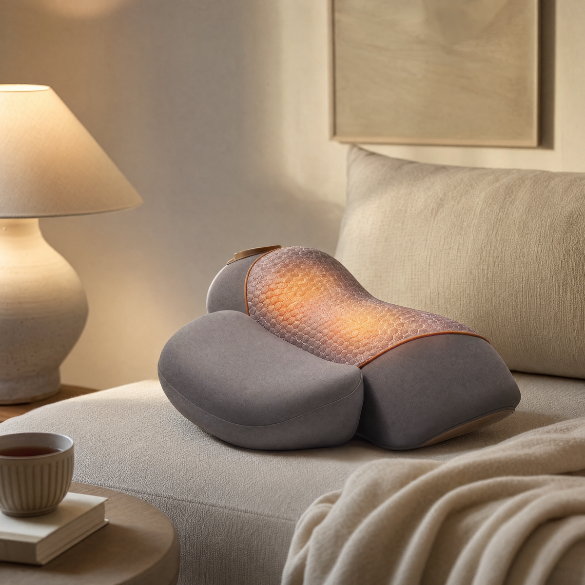 Neck pillow on a linen daybed in a reading corner