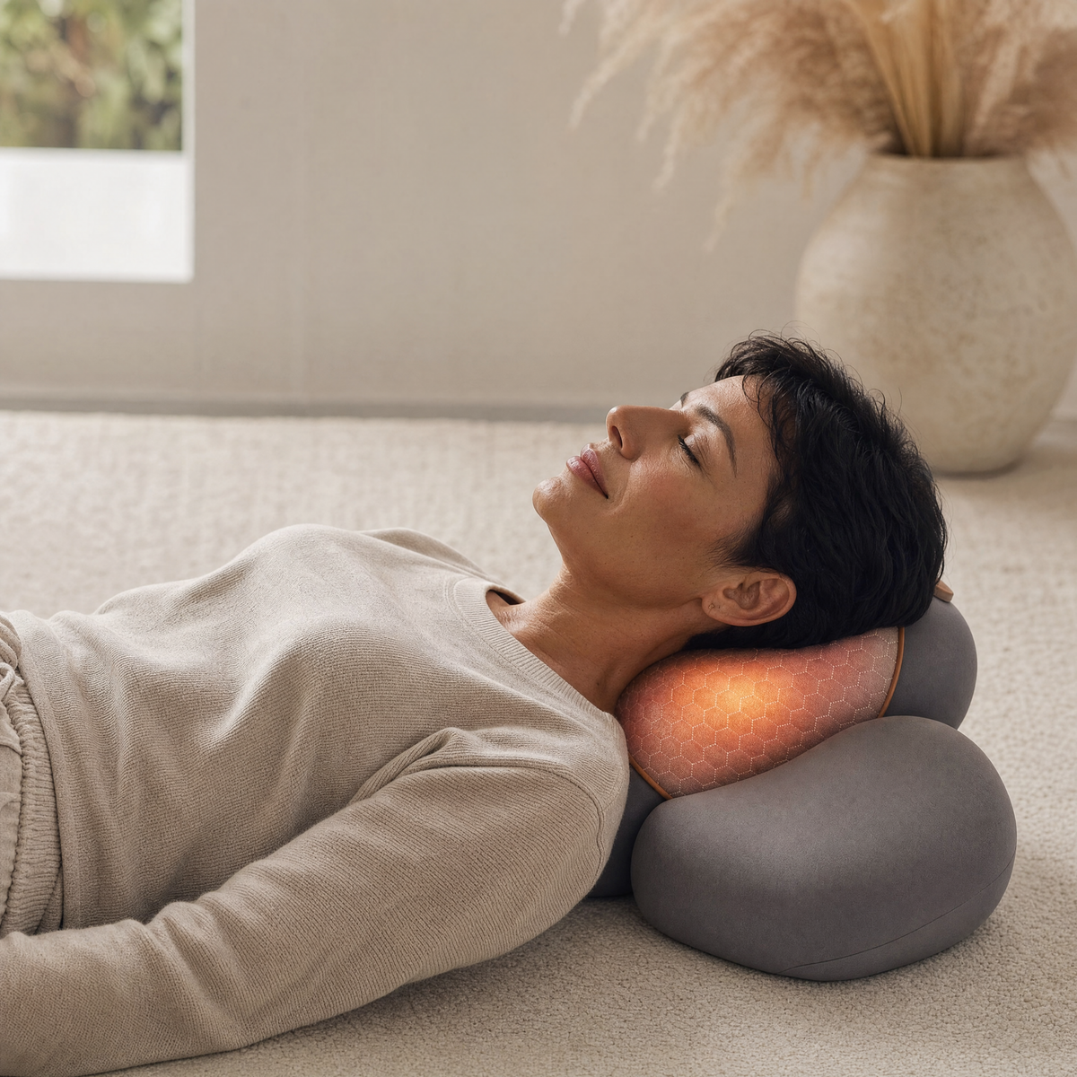 Woman resting her neck on the traction pillow