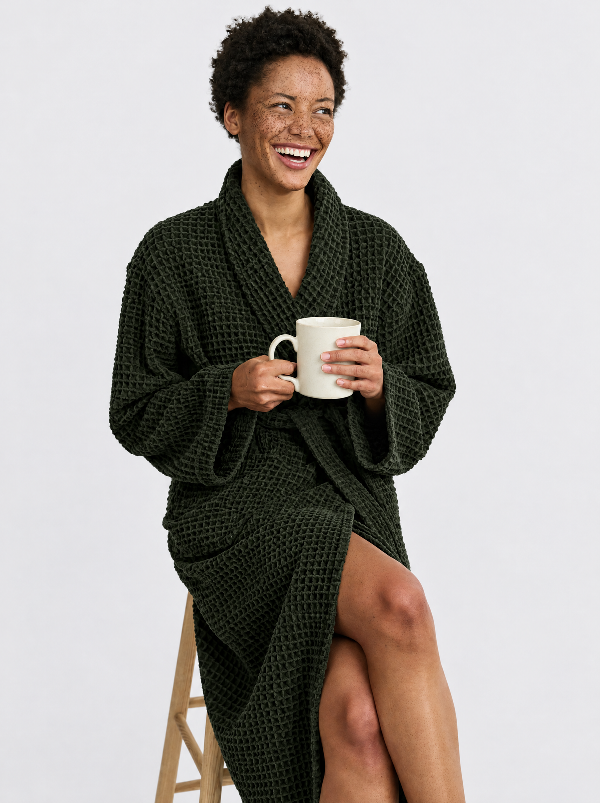 Relaxing in the Truenova Waffle Robe in Evergreen