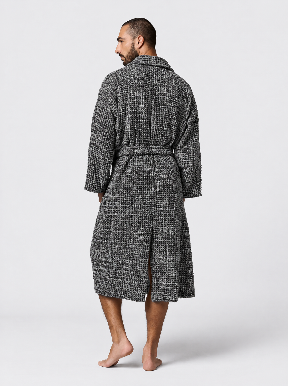 Back view of the Truenova Waffle Robe in Grey