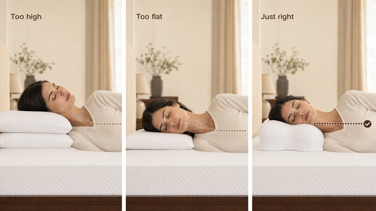 Side sleeper on a pillow that is too high, a pillow that is too flat, and on Orbit with her neck level
