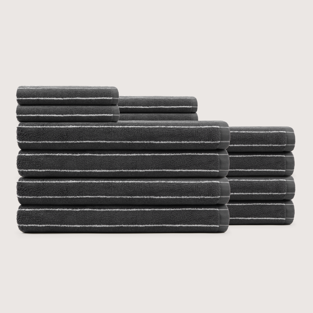 Truenova Ultrasoft 12-Piece Luxe Towel Set with bath sheets, in Charcoal & White stripe