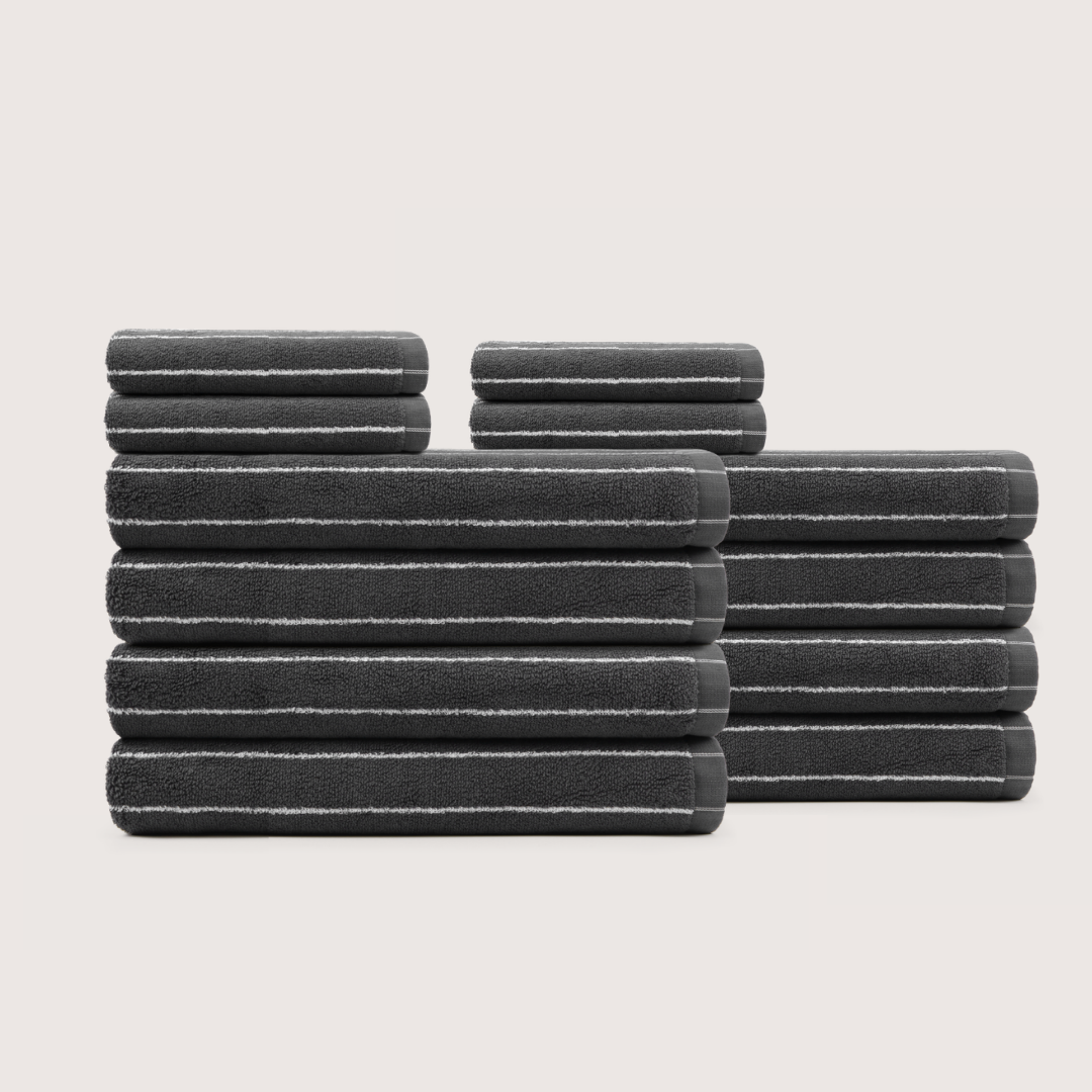 Truenova Ultrasoft 12-Piece Luxe Towel Set with bath towels, in Charcoal & White stripe