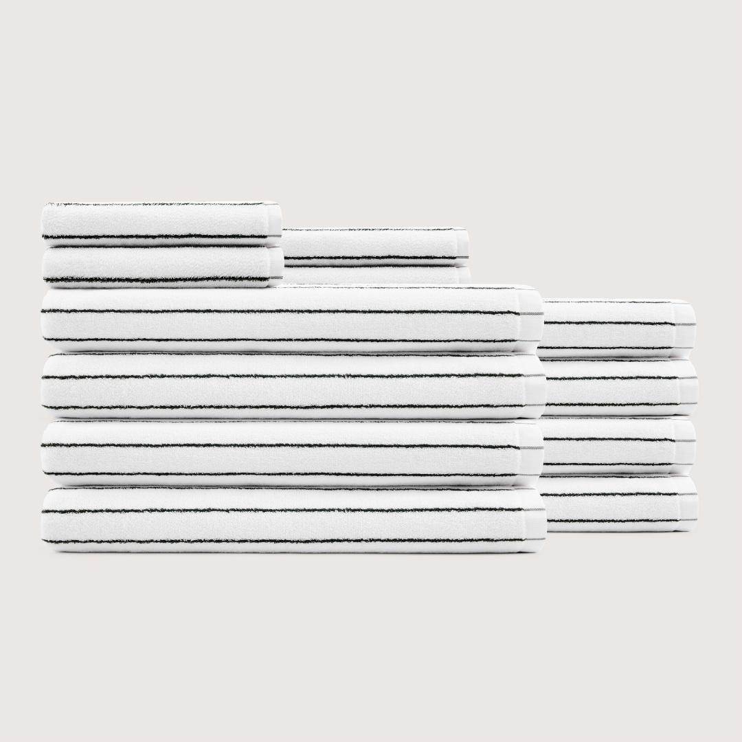 Truenova Ultrasoft 12-Piece Luxe Towel Set with bath sheets, in Cloud White & Black stripe