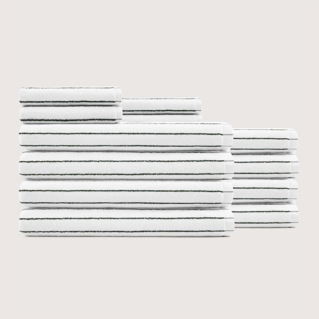 Truenova Ultrasoft 12-Piece Luxe Towel Set with bath sheets, in Cloud White & Olive Green stripe