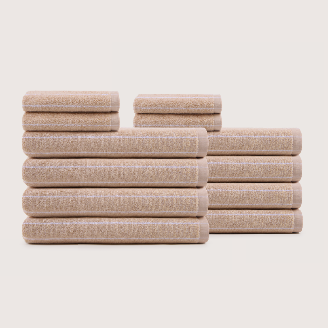 Truenova Ultrasoft 12-Piece Luxe Towel Set with bath towels, in Sand & White stripe
