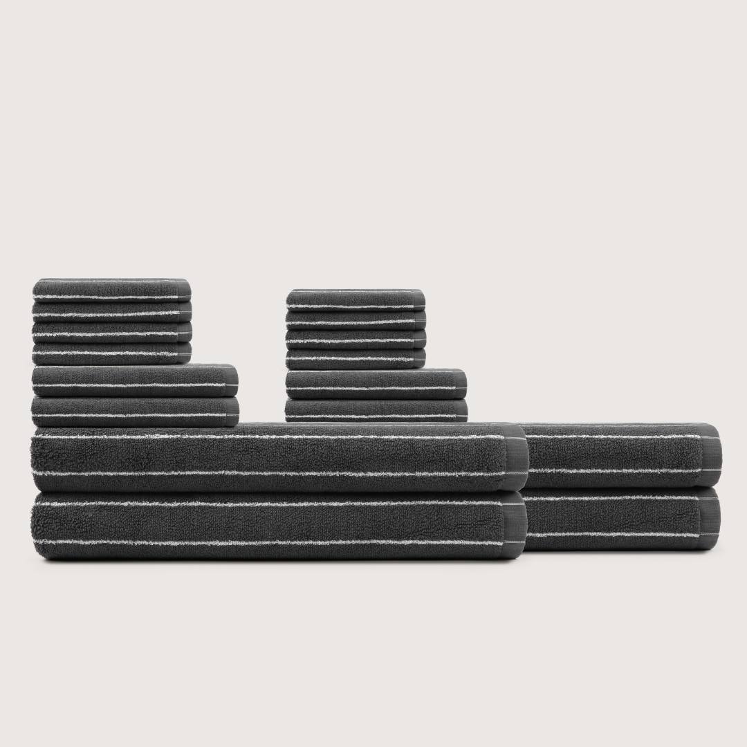 Truenova Ultrasoft 16-Piece Family Towel Set with bath sheets, in Charcoal & White stripe