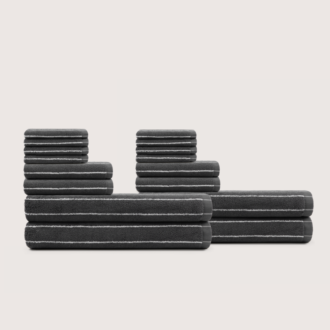 Truenova Ultrasoft 16-Piece Family Towel Set with bath towels, in Charcoal & White stripe