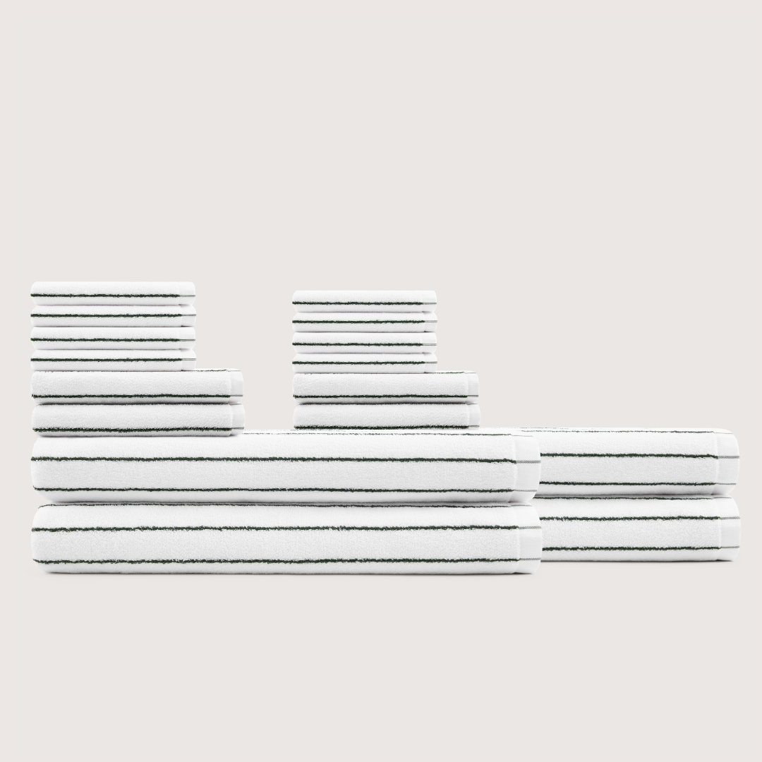 Truenova Ultrasoft 16-Piece Family Towel Set with bath sheets, in Cloud White & Olive Green stripe