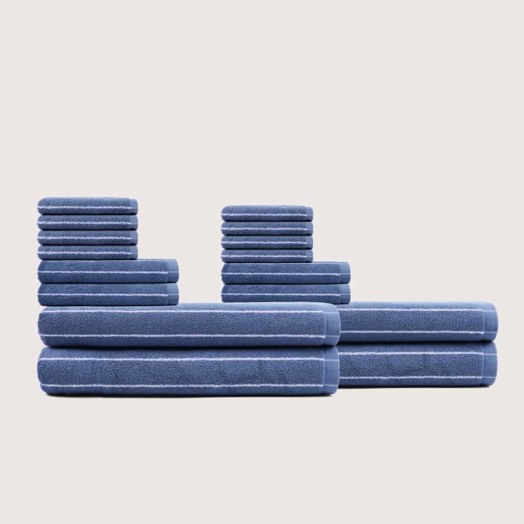Truenova Ultrasoft 16-Piece Family Towel Set with bath towels, in Lapiz Blue & White stripe